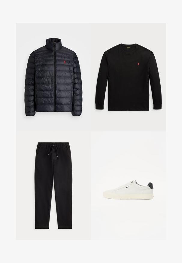 Geacă puf de culoare neagră, cu guler înalt, având o textură matlasată și un fermoar frontal. Logo roșu notabil pe piept, două buzunare laterale.; Tricou negru cu mânecă lungă din bumbac. Are guler rotund, manșete ribbificate și un mic logo roșu brodat pe piept. Textură netedă.; Pantaloni negri casual cu talie elastică, șnur de ajustare, buton în față și buzunare laterale, prezentați pe un fundal simplu.; Sneakers din piele albă cu un finisaj texturat, având un capac pe călcâi negru, vârf rotund și logo de marcă pe lateral tot în negru. Talpă din cauciuc ușoară.