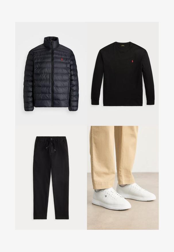 Giacca a vento nera con colletto alto, caratterizzata da una texture trapuntata e una chiusura frontale con zip. Logo rosso ben visibile sul petto, due tasche laterali.; T-shirt nero a maniche lunghe in cotone. Presenta un collo tondo, polsini a coste e un piccolo logo rosso ricamato sul petto. Texture liscia.; Pantaloni casual neri con vita elastica, laccio regolabile, bottone frontale e tasche laterali, esposti su uno sfondo neutro.; Sneakers in pelle bianca con finitura liscia, dotati di punta rotonda, chiusura con lacci e dettaglio logo discreto sul lato, abbinati a pantaloni beige.