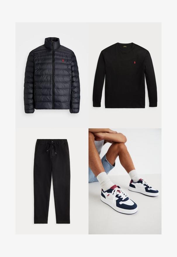 Must läikiv must puffer-jakk kõrge kraega, millel on distsiplineeritud õmmeldud tekstuur ja ettepoole avanev lukustus. Silmapaistev punane logo rinnal ja kaks küljetaskut.; Must t-särk, millel on pikad varrukad ja mis on valmistatud puuvillast. Omab ümarat kaelaäärt, soonikku üles keeratud varrukaotsi ja väikest punast tikandiga logo rinnal. Sile tekstuur.; Mustad mustad püksid elastse vöökoha, stringi sõlme, ees oleva nupuga ja küljetaskutega, esitatud ühetoonilise tausta peal.; Tumesinine ja valged tossud, valmistatud nahast ja võrgust, punase aktsendiga kanna peal ja valged paelad, tekstuuriga tald.