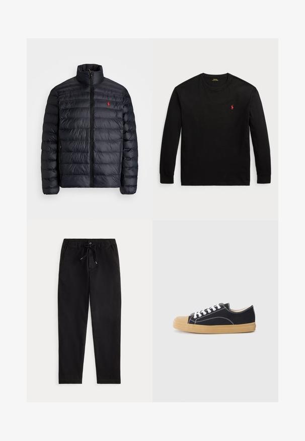 Černá péřová bunda s vysokým límcem, vybavená prošívanou texturou a předním zipem. Výrazné červené logo na hrudi, dvě boční kapsy.; Černé dlouhé tričko s dlouhým rukávem vyrobené z bavlny. Má kulatý výstřih, žebrované manžety a malé červené vyšití loga na hrudi. Hladká textura.; Černé volné kalhoty se elastickým pasem, tkaničkou, předním knoflíkem a bočními kapsami, vystavené na jednoduchém pozadí.; Černé plátěné tenisky s bílými tkaničkami, zaoblenou béžovou gumovou špičkou a gumovou podrážkou. Bílý steh zdůrazňuje design.