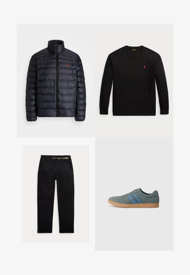 Geacă puf de culoare neagră, cu guler înalt, având o textură matlasată și un fermoar frontal. Logo roșu notabil pe piept, două buzunare laterale.; Tricou negru cu mânecă lungă din bumbac. Are guler rotund, manșete ribbificate și un mic logo roșu brodat pe piept. Textură netedă.; Pantaloni negri dintr-un material ușor, cu un talie elastică și o curea verde integrată, croi drept și buzunare laterale.; Sneaker din suede verde deschis cu accente albastre, șireturi plate și talpă din cauciuc bej. Vârf rotund și design cu profil redus.
