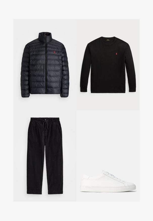 Casaco puffer preto com gola alta, apresentando textura acolchoada e um fecho à frente. Logotipo vermelho notável no peito, dois bolsos laterais.; Camisola de manga longa preta feita de algodão. Apresenta um colarinho redondo, punhos canelados e um pequeno logo bordado vermelho no peito. Textura suave.; Calças de veludo cotelê pretas com um ajuste relaxado, apresentando uma cintura elástica com cordão e bolsos laterais. O tecido apresenta uma textura canalizada.; Sneakers brancos em couro com textura suave, forma arredondada, sola de borracha plana e atacadores brancos. Apresenta um design minimalista e uma marca discreta.