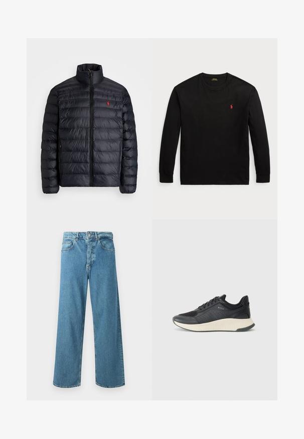 Svart puffjakke med høy krage, med kviltet tekstur og frontglidelås. Merkbar rød logo på brystet, to sidelommer.; Svart langermet T-skjorte laget av bomull. Den har rund hals, ribbestrikkede mansjetter og en liten rød brodert logo på brystet. Jevn tekstur.; Lyseblå vide bukser i denim, med høy midje, frontlommer og klassisk knapp- og glidelåslukking.; Sorte treningstøvel med mesh-overdel med perforeringer, en teksturert mellomsåle i kremfarge, og en gummisåle for godt grep.