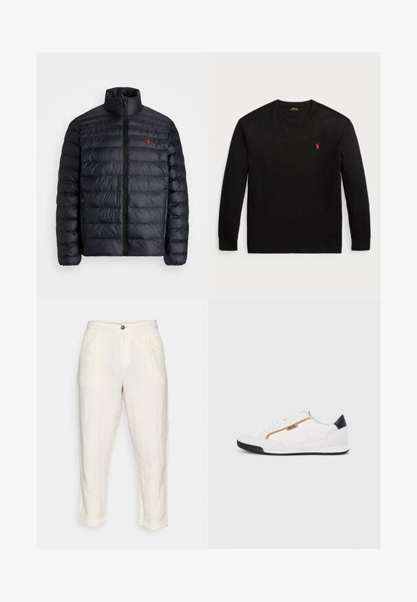 Casaco puffer preto com gola alta, apresentando textura acolchoada e um fecho à frente. Logotipo vermelho notável no peito, dois bolsos laterais.; Camisola de manga longa preta feita de algodão. Apresenta um colarinho redondo, punhos canelados e um pequeno logo bordado vermelho no peito. Textura suave.; Calças de linho em off-white com cintura alta, apresentando pregas, fecho de botão frontal e punhos dobrados. Textura suave.; Tênis atléticos brancos com detalhes em malha e couro. Apresenta um logotipo dourado "BOSS", painéis laterais texturizados e um capô de calcanhar preto. Sola em borracha.