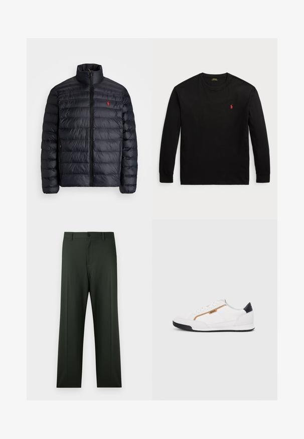 Μαύρο μπουφάν πούφρε με ψηλό γιακά, με ελαφρώς καπιτονέ υφή και μπροστινό φερμουάρ. Εντυπωσιακό κόκκινο λογότυπο στο στήθος, δύο πλαϊνές τσέπες.; Μαύρο μπλουζάκι με μακριά μανίκια από βαμβάκι. Διαθέτει στρογγυλή λαιμόκοψη, ριγωτές μανσέτες και ένα μικρό κόκκινο κεντητό λογότυπο στο στήθος. Λείο υφή.; Σκούρο πράσινο παντελόνι με ευθεία γραμμή, με μπροστινό κούμπωμα με κουμπιά, θηλιές για ζώνη και λείο ύφασμα με ελαφρώς υφή.; Λευκά αθλητικά παπούτσια με λεπτομέρειες από διχτυωτό και δερμάτινο υλικό. Διαθέτουν χρυσό λογότυπο "BOSS", υφασμάτινες πλευρές με υφή και μαύρη κάλυψη στη φτέρνα. Ελαστική σόλα.