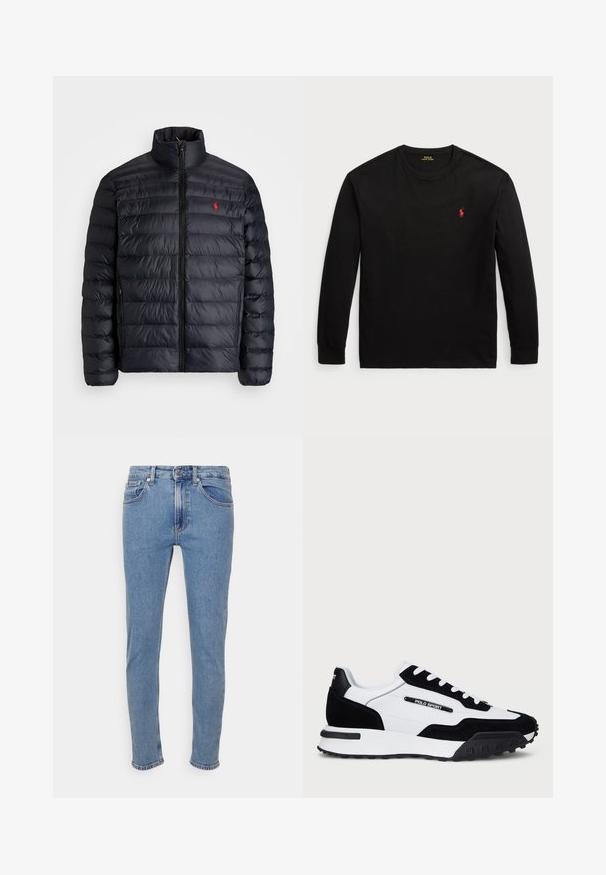 Zwarte pufferjas met hoge kraag, met een gequiltde textuur en een rits aan de voorkant. Opvallend rood logo op de borst, twee zijzakken.; Zwarte longsleeve t-shirt van katoen. Heeft een ronde hals, ribgebreide manchetten en een klein rood geborduurd logo op de borst. Vlotte textuur.; Lichtblauwe slim-fit jeans met een voorste knop en rits, voor- en achterzakken, weergegeven op een witte achtergrond.; Sneakers met een bovenwerk van zwart suède en witte leer, voorzien van een zwarte rubberen zool, witte veters en een "POLO SPORT" logo aan de zijkant.