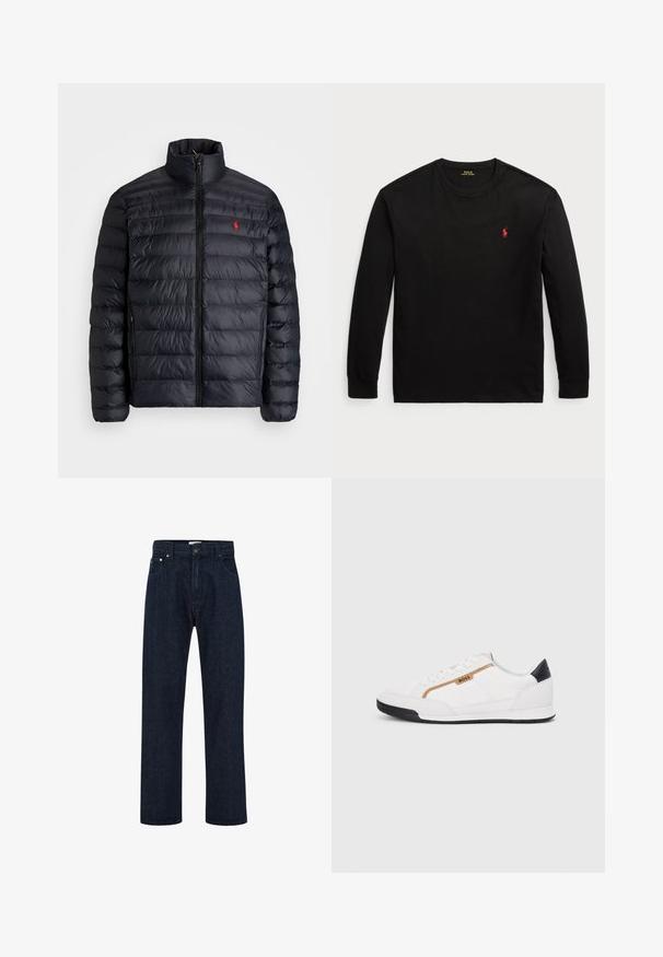 Černá péřová bunda s vysokým límcem, vybavená prošívanou texturou a předním zipem. Výrazné červené logo na hrudi, dvě boční kapsy.; Černé dlouhé tričko s dlouhým rukávem vyrobené z bavlny. Má kulatý výstřih, žebrované manžety a malé červené vyšití loga na hrudi. Hladká textura.; Tmavě modré džíny s vysokým pasem, rovnými širokými nohavicemi, předními kapsami a kovovým zapínáním. Klasický design s pěti kapsami.; Bílé sportovní boty s akcenty z meshe a kůže. Mají zlaté logo "BOSS", texturované boční panely a černý podpatek. Gumová podrážka.