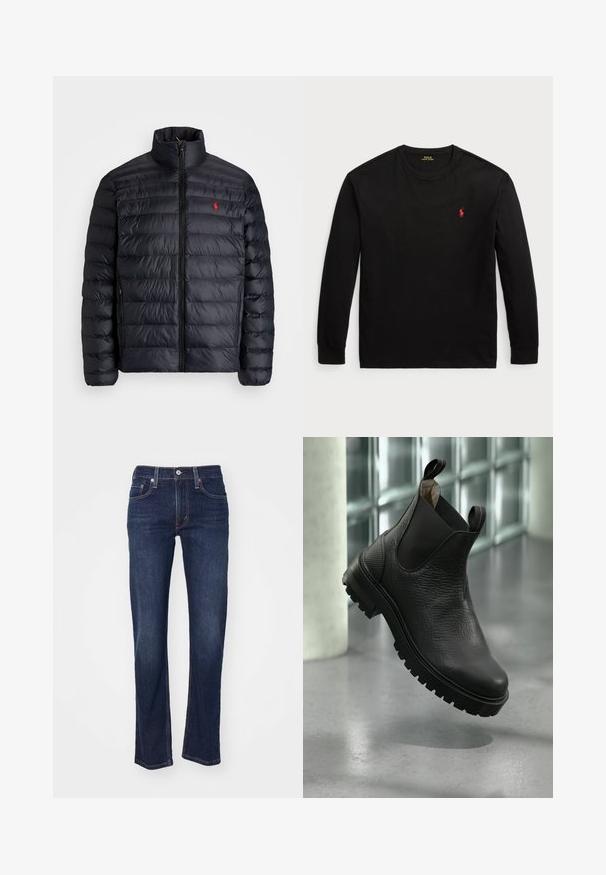 Black puffer jacket with a high collar, featuring quilted texture and a front zipper. Notable red logo on the chest, two side pockets.; Black long-sleeve t-shirt made of cotton. Features a crew neck, ribbed cuffs, and a small red embroidered logo on the chest. Smooth texture.; Dark blue denim jeans with a straight leg cut, featuring a traditional five-pocket design and stitched detailing on the seams.; Black leather ankle boots with a textured surface, elastic side panels, and a rugged rubber sole featuring pronounced treads.