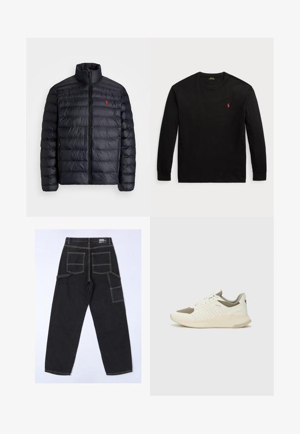 Černá péřová bunda s vysokým límcem, vybavená prošívanou texturou a předním zipem. Výrazné červené logo na hrudi, dvě boční kapsy.; Černé dlouhé tričko s dlouhým rukávem vyrobené z bavlny. Má kulatý výstřih, žebrované manžety a malé červené vyšití loga na hrudi. Hladká textura.; Černé džíny s volným střihem, které mají více kapes, viditelné švy a rovný střih nohavic.; Bílé a světle béžové atletické tenisky, které mají síťovaný svršek, perforované detaily a texturovanou mezipodešev s logem na patě.