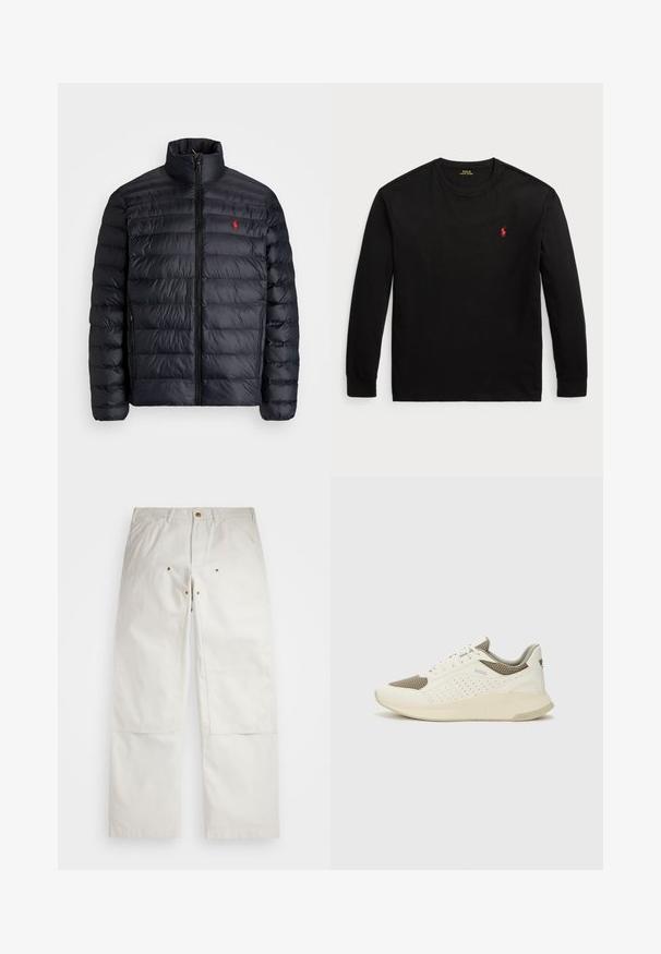 Černá péřová bunda s vysokým límcem, vybavená prošívanou texturou a předním zipem. Výrazné červené logo na hrudi, dvě boční kapsy.; Černé dlouhé tričko s dlouhým rukávem vyrobené z bavlny. Má kulatý výstřih, žebrované manžety a malé červené vyšití loga na hrudi. Hladká textura.; Bílé bavlněné kalhoty s volným střihem, předními kapsami, zlatými kovovými detaily a výztuhami na kolenou.; Bílé a světle béžové atletické tenisky, které mají síťovaný svršek, perforované detaily a texturovanou mezipodešev s logem na patě.