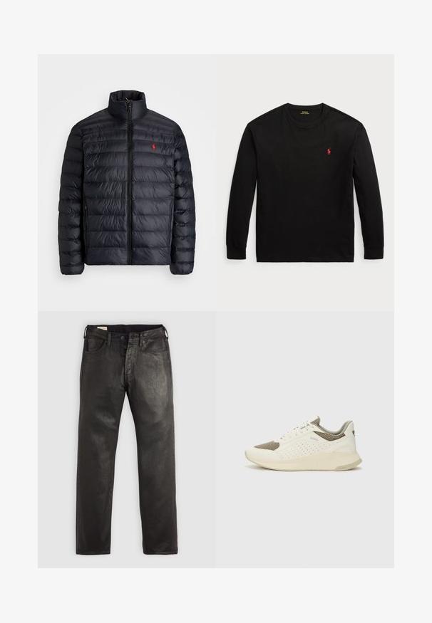 Crna puffer jakna s visokim ovratnikom, s jakim šavovima i prednjim zatvaračem. Istaknuti crveni logotip na prsima, dva bočna džepa.; Crna majica dugih rukava od pamuka. Ima okrugli izrez, rebraste manšete i mali crveni izvezeni logo na prsima. Glatka tekstura.; Crne traperice od denima ravnog kroja, s dugmetom i zatvaračem, pet džepova i glatkom teksturom.; Bijele i svijetlosmeđe sportske tenisice, sa mrežastim gornjim dijelom, perforiranim detaljima i teksturiranim međutrakom sa brendom na peti.