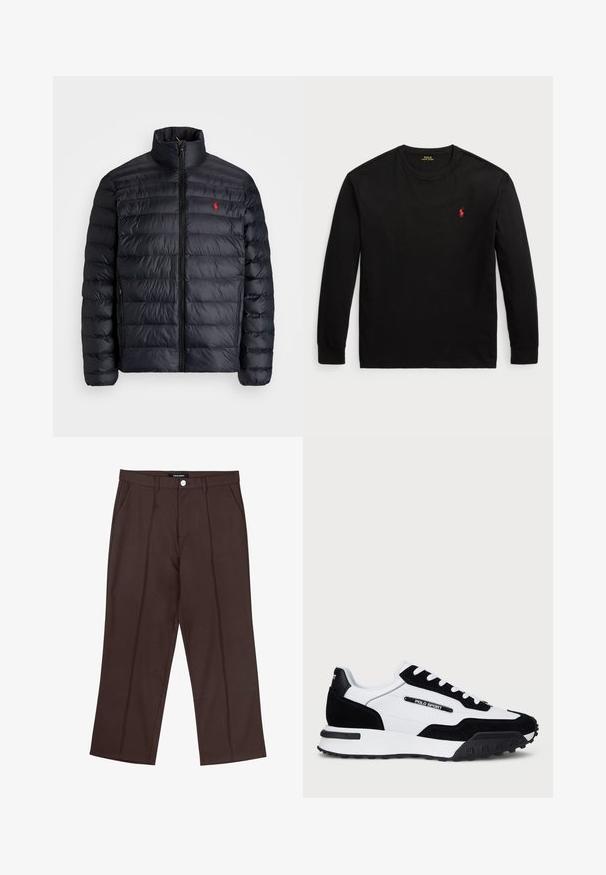 Casaco puffer preto com gola alta, apresentando textura acolchoada e um fecho à frente. Logotipo vermelho notável no peito, dois bolsos laterais.; Camisola de manga longa preta feita de algodão. Apresenta um colarinho redondo, punhos canelados e um pequeno logo bordado vermelho no peito. Textura suave.; Calças retas castanhas com vincos frontais, bolsos laterais, passantes para cinto e fecho de botão com marca na cintura.; Ténis com um cabedal em camurça preta e pele branca, apresentando uma sola em borracha preta, atacadores brancos e um logo "POLO SPORT" na lateral.