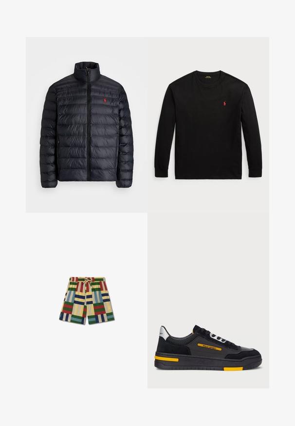 Black puffer jacket with a high collar, featuring quilted texture and a front zipper. Notable red logo on the chest, two side pockets.; Black long-sleeve t-shirt made of cotton. Features a crew neck, ribbed cuffs, and a small red embroidered logo on the chest. Smooth texture.; Thinking Mu HENRY - Swimming shorts - pale yellow; Black sneakers with a suede and mesh upper, yellow accents, and a thick black sole. Lace-up closure and "POLO SPORT" branding on the side.