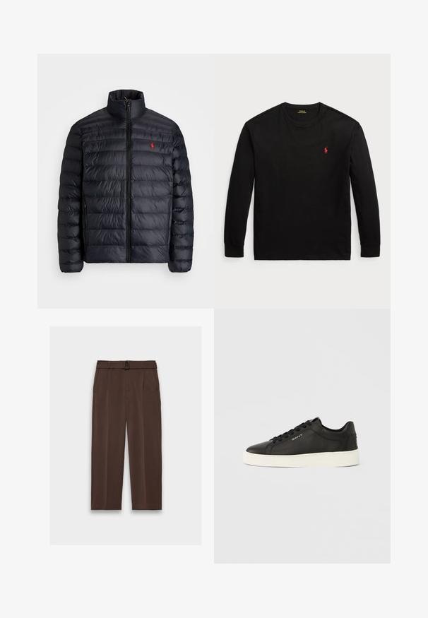 Musta puffatakki, jossa on korkea kaulus, tikkikuviointi ja etuvetoketju. Huomattava punainen logo rinnassa, kaksi sivutaskua.; Musta pitkähihaisen t-paita 100 % puuvillaa. Ominaisuuksiin kuuluu pyöreä pääntie, ribatut hihansuut ja pieni punainen brodeerattu logo rinnassa. Silkkinen pinta.; Ruske hlače s remenom, visokog struka, s nabranim prednjim dijelom i bočnim džepovima; izrađene od glatkog, teksturiranog materijala.; Mustat nahkaiset lenkkarit valkoisella kumipohjalla, tasaiset nauhat ja sivussa oleva brändäysyksityiskohta. Sileä pinta ja pyöristetty kärki.
