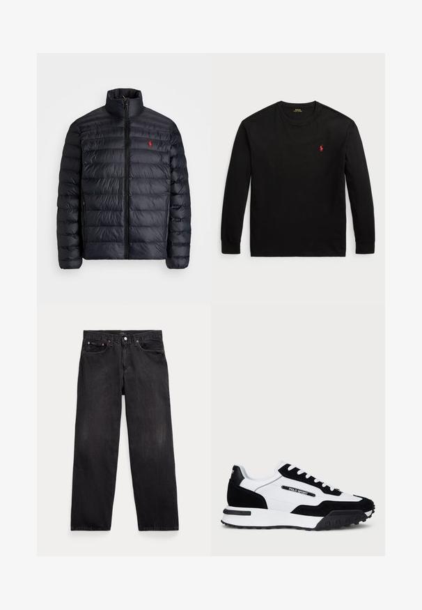 Svart puffjakke med høy krage, med kviltet tekstur og frontglidelås. Merkbar rød logo på brystet, to sidelommer.; Svart langermet T-skjorte laget av bomull. Den har rund hals, ribbestrikkede mansjetter og en liten rød brodert logo på brystet. Jevn tekstur.; Sorte denimbukser med avslappet passform, med fem lommer, knappestolpe og subtile blekeområder i stoffet.; Sko med svart gamasj og hvit skinn-overdel, med svart gummisåle, hvite lisser og en "POLO SPORT" logo på siden.