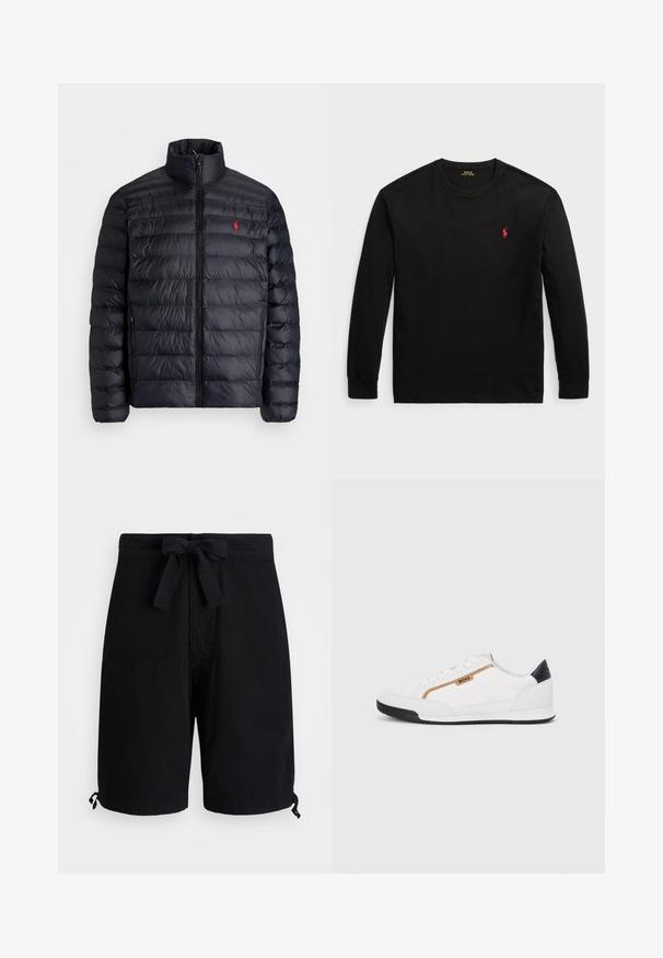 Čierna páperová bunda s vysokým golierom, s prešívanou textúrou a predným zipsom. Znateľné červené logo na hrudi, dve bočné vrecká.; Čierne tričko s dlhými rukávmi z bavlny. Obsahuje okrúhly výstrih, rebrované manžety a malé červené vyšívané logo na hrudi. Hladký povrch.; Čierne plavkové šortky vyrobené z ľahkej tkaniny, s viazaním na šnúrku v páse a nastaviteľnými detailmi na leme.; Biele športové topánky s akcentmi z korku a kože. Obsahujú zlaté logo "BOSS", textúrované bočné panely a čierny pätník. Gumová podrážka.