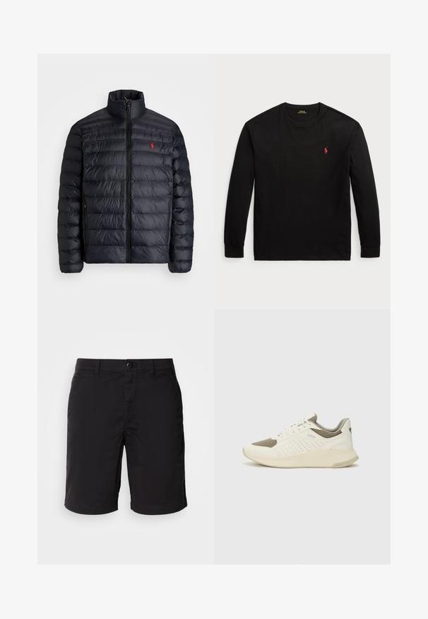 Black puffer jacket with a high collar, featuring quilted texture and a front zipper. Notable red logo on the chest, two side pockets.; Black long-sleeve t-shirt made of cotton. Features a crew neck, ribbed cuffs, and a small red embroidered logo on the chest. Smooth texture.; Black shorts made of lightweight fabric, featuring a button closure, standard waist, and straight cut. No patterns or visible accents.; White and light beige athletic sneaker, featuring a mesh upper, perforated detailing, and a textured midsole with branding on the heel.