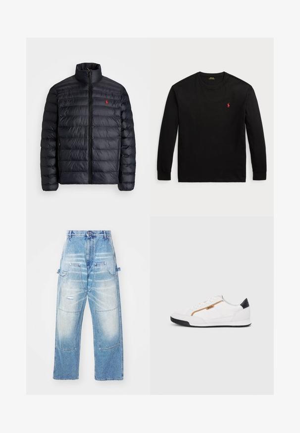 Černá péřová bunda s vysokým límcem, vybavená prošívanou texturou a předním zipem. Výrazné červené logo na hrudi, dvě boční kapsy.; Černé dlouhé tričko s dlouhým rukávem vyrobené z bavlny. Má kulatý výstřih, žebrované manžety a malé červené vyšití loga na hrudi. Hladká textura.; Světle modré džíny s volným střihem, obsahující několik kapes, distressed detaily a vybledlý vzhled. Rovný střih nohavic.; Bílé sportovní boty s akcenty z meshe a kůže. Mají zlaté logo "BOSS", texturované boční panely a černý podpatek. Gumová podrážka.
