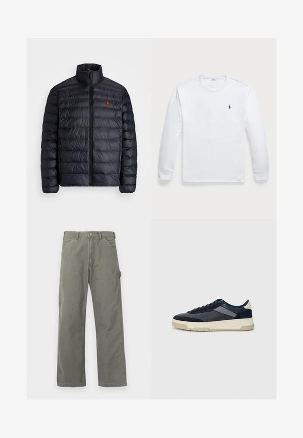 Casaco puffer preto com gola alta, apresentando textura acolchoada e um fecho à frente. Logotipo vermelho notável no peito, dois bolsos laterais.; Camisola de manga longa branca feita de algodão, com decote redondo e um pequeno logótipo azul-marinho no lado esquerdo do peito. Textura suave, design simples.; Calças cargo em verde-oliva, feitas de mistura de algodão. Apresentam um design de perna reta, bolso lateral cargo e fecho com botão de metal.; BOSS BALTIMORE - Sapatilhas - open blue