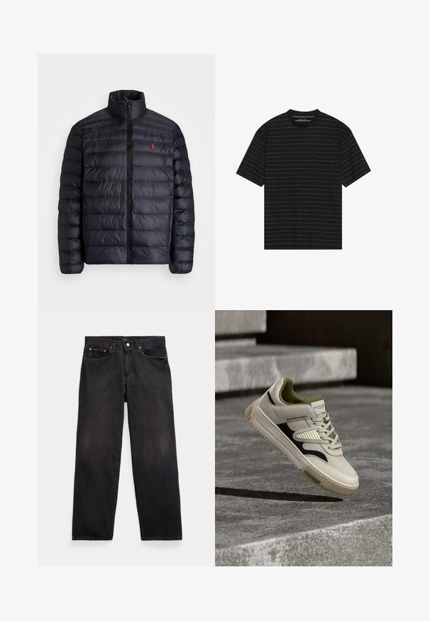 Zwarte pufferjas met hoge kraag, met een gequiltde textuur en een rits aan de voorkant. Opvallend rood logo op de borst, twee zijzakken.; Zwarte t-shirt met korte mouwen en smalle witte horizontale strepen. Gemaakt van zachte stof met een ronde hals en een relaxte pasvorm.; Zwarte denim jeans met een ontspannen pasvorm, voorzien van vijf zakken, een knoopsluiting en subtiele vervagingen over de stof.; Crème leren sneaker met donkergroene accenten, gestructureerde panelen, zwarte zijstreep en een robuuste rubberen zool, verhoogd boven een betonnen oppervlak.