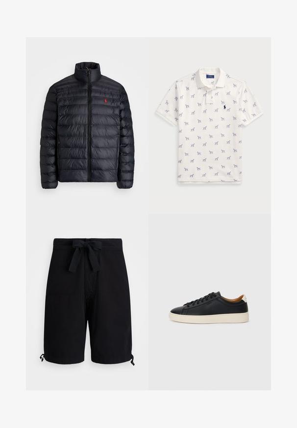 Fekete puffertakó magas gallérral, steppelt textúrával és elől cipzárral. Figyelemre méltó piros logóval a mellkason, két oldalsó zsebbel.; Fehér póló, pamutból készült, ismétlődő kék kutyás mintával és egy kis kék logóval a mellkason. Rövid ujjak és gallér.; Fekete fürdőnadrág könnyű anyagból, derékon állítható zsinórral és a szegélyeknél állítható részletekkel.; Fekete bőr sportcipők sima felülettel, bézs gumitalppal, fűzős dizájnnal és kontrasztos sarkú akcentussal.