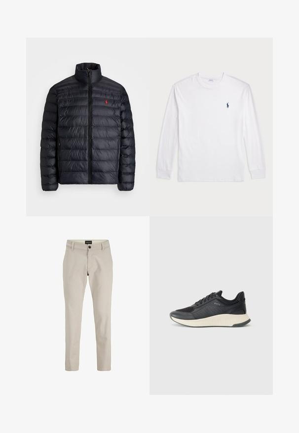 Black puffer jacket with a high collar, featuring quilted texture and a front zipper. Notable red logo on the chest, two side pockets.; White long-sleeve T-shirt made of cotton. Features a round neckline, ribbed cuffs, and a small navy blue polo logo on the left chest.; Beige cotton chinos with a straight-leg design, featuring a front button closure and belt loops. Smooth texture, minimalist style.; Black athletic sneaker featuring a mesh upper with perforations, a textured midsole in cream, and a rubber outsole for traction.