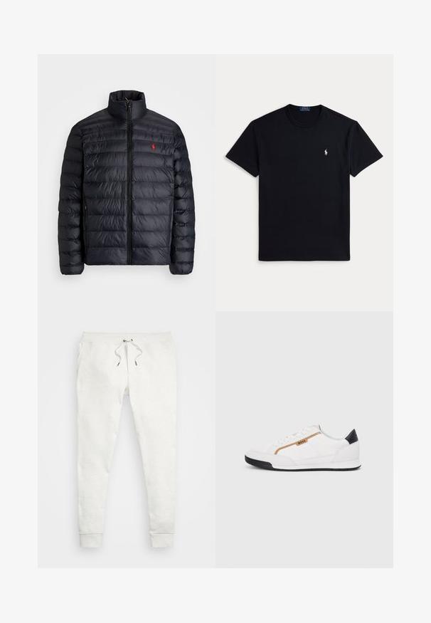 Casaco puffer preto com gola alta, apresentando textura acolchoada e um fecho à frente. Logotipo vermelho notável no peito, dois bolsos laterais.; Camiseta preta de algodão com decote redondo, mangas curtas e pequeno logótipo bordado no lado esquerdo do peito. Textura suave.; Calças de treino cinza claro feitas de tecido suave, com um cós elástico com cordão, bolsos laterais e punhos ajustados.; Tênis atléticos brancos com detalhes em malha e couro. Apresenta um logotipo dourado "BOSS", painéis laterais texturizados e um capô de calcanhar preto. Sola em borracha.