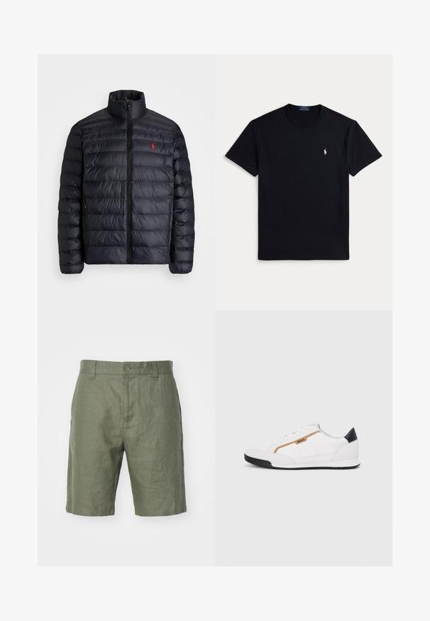 Doudoune noire avec col montant, présentant une texture matelassée et une fermeture éclair avant. Logo rouge bien visible sur la poitrine, deux poches latérales.; T-shirt en coton noir avec un col rond, des manches courtes et un petit logo brodé sur la poitrine gauche. Texture lisse.; NN.07 CROWN - Short - khaki; Baskets blanches avec des accents en maille et en cuir. Caractéristiques d'un logo "BOSS" doré, de panneaux latéraux texturés et d'un capuchon de talon noir. Semelle en caoutchouc.