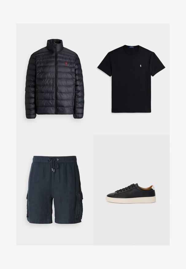 Must läikiv must puffer-jakk kõrge kraega, millel on distsiplineeritud õmmeldud tekstuur ja ettepoole avanev lukustus. Silmapaistev punane logo rinnal ja kaks küljetaskut.; Must puuvillane T-särk, millel on ümarsuu kaelus, lühikesed varrukad ja vasakul rinnal väike tikitud logo. Sile tekstuur.; Meeste tume merevaigukollane cargo lühikesed püksid, valmistatud kergetest kangast, millel on elastne vöökoht ja pael, ning kaks küljetaskut.; Mustad nahast tennised sujuva pindadega, beež kummist tallaga, paelaga kinnitamine ja kontrastse kanna aktsendiga.
