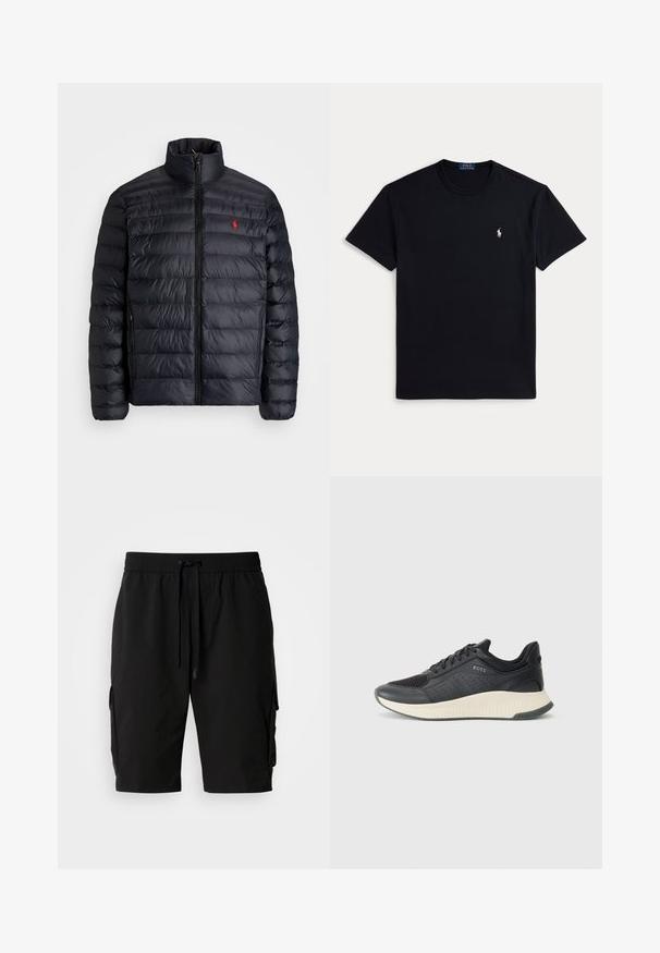 Fekete puffertakó magas gallérral, steppelt textúrával és elől cipzárral. Figyelemre méltó piros logóval a mellkason, két oldalsó zsebbel.; Fekete pamut póló környakkal, rövid ujjakkal és egy kis hímzett logóval a bal mellrészen. Simább tapintású anyag.; Fekete cargo sort könnyű anyagból, rugalmas derékpánttal, húzózsinórral és oldalsó cargo zsebekkel az extra tárolás érdekében.; Fekete sportcipő, amely hálós felső résszel és perforációkkal rendelkezik, krém színű, texturált középtalppal és gumitalppal a tapadás érdekében.