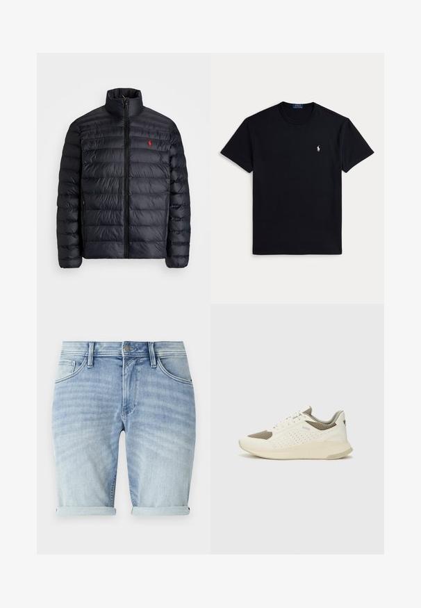 Fekete puffertakó magas gallérral, steppelt textúrával és elől cipzárral. Figyelemre méltó piros logóval a mellkason, két oldalsó zsebbel.; Fekete pamut póló környakkal, rövid ujjakkal és egy kis hímzett logóval a bal mellrészen. Simább tapintású anyag.; Világoskék farmer rövidnadrág elöregedett hatással, felgörbített szegélyekkel, elülső zsebekkel és fémből készült gombos záródással a deréknál.; Fehér és világos bézs sportcipő, légies hálós felsőrésszel, perforált részletekkel és texturált középtalppal, amelyen a saroknál a márka logója található.