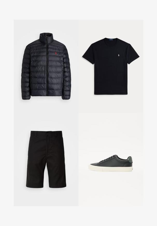 Doudoune noire avec col montant, présentant une texture matelassée et une fermeture éclair avant. Logo rouge bien visible sur la poitrine, deux poches latérales.; T-shirt en coton noir avec un col rond, des manches courtes et un petit logo brodé sur la poitrine gauche. Texture lisse.; Shorts noirs en tissu uni, avec une coupe droite, fermeture à bouton et une texture lisse sans motifs visibles.; Sneaker en cuir noir avec une finition texturée, semelle en caoutchouc blanche, bout rond et accent vert au talon. Design à lacets avec six œillets.