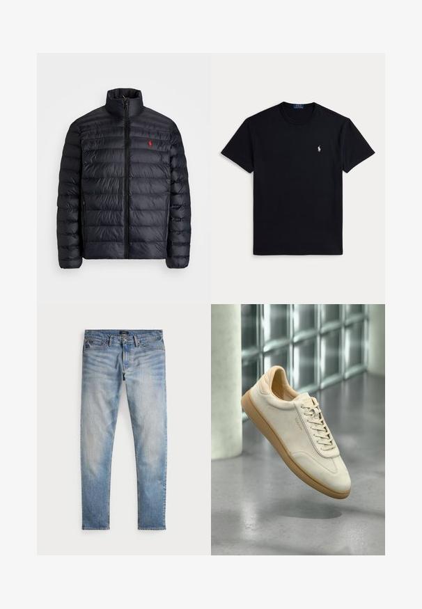Černá péřová bunda s vysokým límcem, vybavená prošívanou texturou a předním zipem. Výrazné červené logo na hrudi, dvě boční kapsy.; Černé bavlněné tričko s kulatým výstřihem, krátkými rukávy a malým vyšívaným logem na levé straně hrudi. Hladká textura.; Světle modré džínové kalhoty s vybledlým vzhledem, pět kapsový design a kontrastní šití. Obsahují zipový poklopec a poutka na opasek. Rovný střih.; Béžová semišová teniska s strukturovanou podrážkou z gumy. Má ploché tkaničky, zaoblenou špičku a nenápadné logo na boku. Mírně polstrovaný límec.