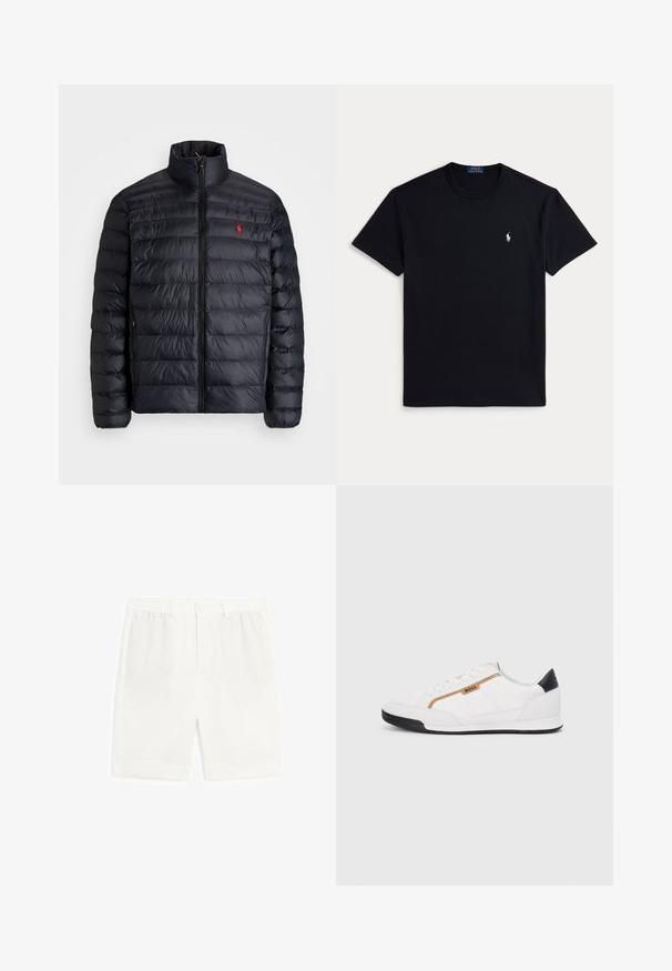 Black puffer jacket with a high collar, featuring quilted texture and a front zipper. Notable red logo on the chest, two side pockets.; Black cotton t-shirt featuring a crew neckline, short sleeves, and a small embroidered logo on the left chest. Smooth texture.; White tailored shorts with a flat front, waistband with elastic, and no pockets. Made of lightweight fabric, featuring a smooth texture.; White athletic shoes with mesh and leather accents. Features a gold "BOSS" logo, textured side panels, and a black heel cap. Rubber sole.