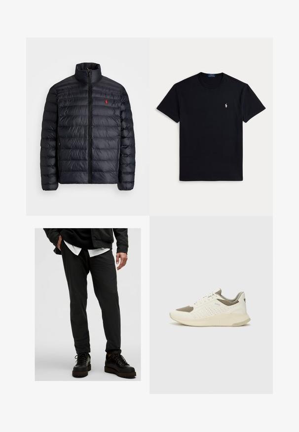 Zwarte pufferjas met hoge kraag, met een gequiltde textuur en een rits aan de voorkant. Opvallend rood logo op de borst, twee zijzakken.; Zwart katoenen T-shirt met een ronde hals, korte mouwen en een klein geborduurd logo op de linkerborst. Gladde textuur.; Zwarte lichtgewicht broek met een gladde textuur, taps toelopende pasvorm en elastische tailleband. Gecombineerd met zwarte veterschoenen.; Witte en lichtbeige sport sneaker, met een bovenwerk van mesh, geperforeerde details en een gestructureerde tussenzool met branding op de hiel.