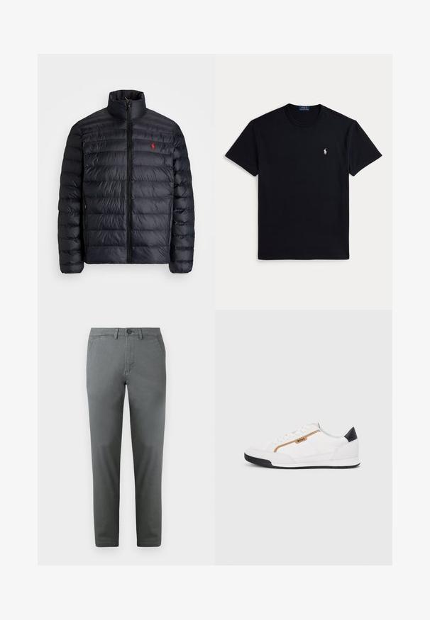 Must läikiv must puffer-jakk kõrge kraega, millel on distsiplineeritud õmmeldud tekstuur ja ettepoole avanev lukustus. Silmapaistev punane logo rinnal ja kaks küljetaskut.; Must puuvillane T-särk, millel on ümarsuu kaelus, lühikesed varrukad ja vasakul rinnal väike tikitud logo. Sile tekstuur.; Hallid puuvillased chinos, kitsas lõikega, ees nupuga kinnitamine, kahe küljetaskuga ja sileda pinnaga. Elegantne disain.; Valged sportlikud jalatsid, millel on võrkkangas ja nahkdetailid. Omab kuldset "BOSS" logo, tekstureeritud külgpaneele ja musta kontsakaant. Kummist tallad.