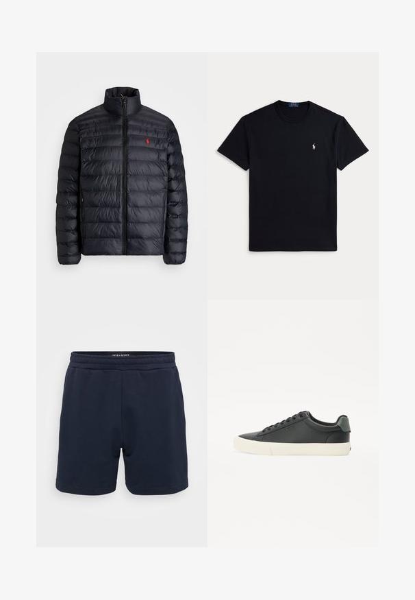 Svart pufferjacka med hög krage, med kviltad struktur och dragkedja fram. Anmärkningsvärd röd logotyp på bröstet, två sidofickor.; Svart bomulls-T-shirt med rund halsringning, korta ärmar och en liten broderad logga på vänster bröst. Mjuk textur.; Navyblå bomullsshorts med elastisk midja, med en mjuk yta och sömmar. Litet varumärkeslogotyp på sidan.; Svarta lädersneakers med en texturerad yta, vit gummisula, rund tå och grönt inslag vid hälen. Design med snörning genom sex öglor.