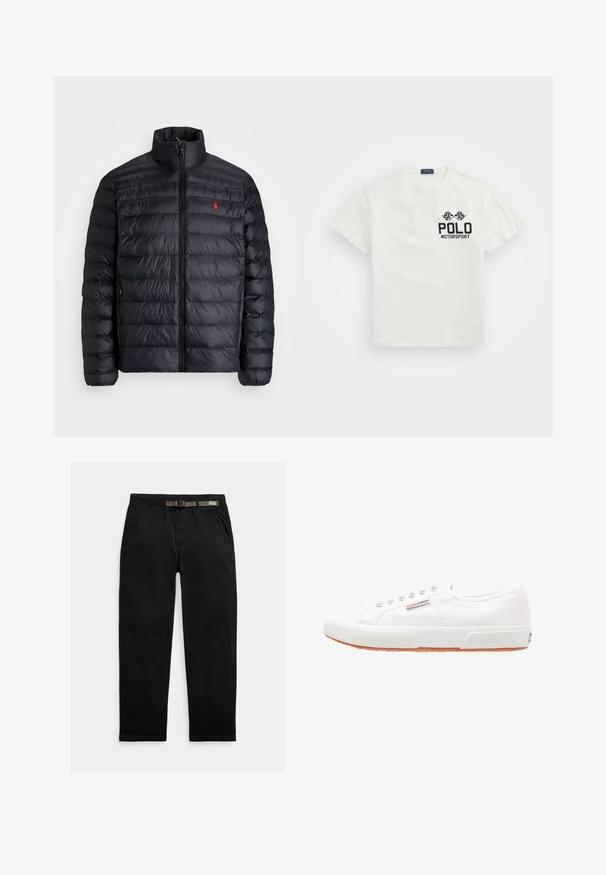 Geacă puf de culoare neagră, cu guler înalt, având o textură matlasată și un fermoar frontal. Logo roșu notabil pe piept, două buzunare laterale.; Tricou alb din bumbac cu guler rotund, cu un logo negru "Polo Motorsport" și steaguri încrucișate pe partea stângă a pieptului.; Pantaloni negri dintr-un material ușor, cu un talie elastică și o curea verde integrată, croi drept și buzunare laterale.; Sneakers albe din pânză cu talpă din cauciuc, design cu șireturi și un mic etichetă logo pe lateral. Partea superioară texturată albă și talpa maro.