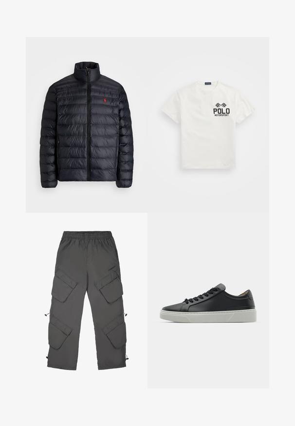 Czarna kurtka puchowa z wysokim kołnierzem, posiadająca pikowaną strukturę i zamek z przodu. Wyraźne czerwone logo na piersi, dwa boczne kieszenie.; Biała bawełniana koszulka z okrągłym dekoltem, z czarnym logo "Polo Motorsport" i skrzyżowanymi flagami szachownicy na lewej piersi.; Spodnie cargo w ciemno szarym kolorze, z elastycznym pasem, wieloma kieszeniami cargo, sznurkiem do ściągania na końcach nogawek i gładką fakturą.; Czarne skórzane sneakersy o gładkiej fakturze, okrągłym nosku i czarnych sznurowadłach. Posiadają grubą, białą gumową podeszwę z subtelnymi akcentami geometrycznymi.