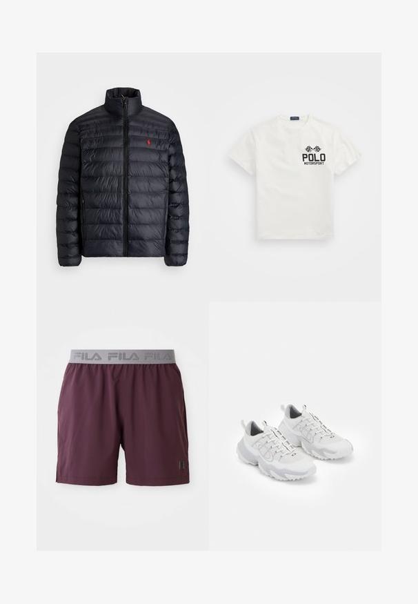 Juodas pūkuotas džemperis su aukštu apykakle, turintis siuvinėtą tekstūrą ir užtrauktuką priekyje. Pastebimas raudonas logotipas ant krūtinės, dvi šoninės kišenės.; Balta medvilninė marškinė su apvaliu kaklu, su juodu "Polo Motorsport" logotipu ir kirtusiomis šachmatų vėliavomis kairėje krūtinės pusėje.; Bordo spalvų sportiniai šortai, pagaminti iš lengvos medžiagos, su pilku elastingu juosmeniu su "FILA" logo ir šoninėmis kišenėmis.; Baltos sportinės bateliai su akių medžiaga, pilkiais akcentais, tekstūruotu guminio pado ir pakėlimo juostelėmis ant kulno; turi raištelių užsegimą.