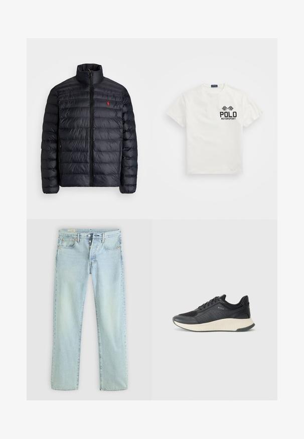 Černá péřová bunda s vysokým límcem, vybavená prošívanou texturou a předním zipem. Výrazné červené logo na hrudi, dvě boční kapsy.; Bílý bavlněný tričko s kulatým výstřihem, s černým logem "Polo Motorsport" a zkříženými šachovnicovými vlajkami na levé hrudi.; Světlomodré džíny z denimu se rovnými nohavicemi, pěti kapsami, zapínáním na knoflíky a jemným vyblednutím. Obsahují detaily v šití a měděné nýty.; Černá sportovní teniska s mřížkovou svrchní částí s perforacemi, texturovanou mezipodešví v krémové barvě a gumovou podešví pro lepší trakci.