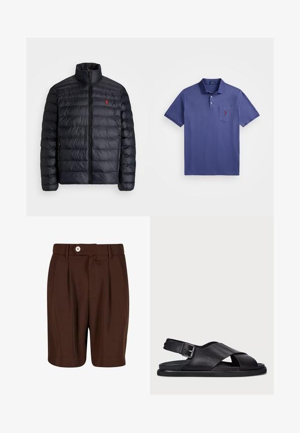 Svart puffjakke med høy krage, med kviltet tekstur og frontglidelås. Merkbar rød logo på brystet, to sidelommer.; Lilla polo-skjorte laget av bomull, med en tre-knapps placket, kortermede ermer, og en brystlomme med rødt logo-broderi.; Brune plisserte shorts laget av glatt stoff, med knappelukking og sidelommer. Sømmen er rett med minimale sømdetaljer.; Polo Ralph Lauren ZANE LEATHER SANDAL - Sandaler - black