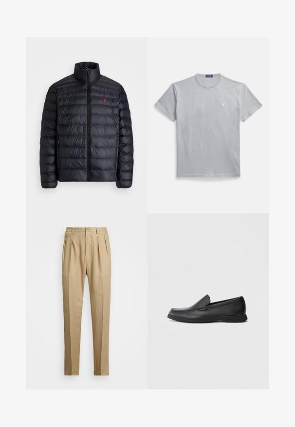 Črna napihnjena jakna z visokim ovratnikom, z quiltano teksturo in sprednjim zadrgo. Opazen rdeč logotip na prsih, dve stranski žepu.; Siva bombažna majica z okroglim izrezom, kratkimi rokavi in majhnim belim logotipom na levi strani prsi. Gladek tekstura in sproščen kroj.; Beige lanene hlače s ravnim krojem, ki imajo dva sprednja pregiba, gumbasto zapiranje in stranske žepi. Teksturna tkanina z gladkim zaključkom.; Črne usnjene natikače s teksturirano zgornjimi deli, zaobljenim prstom, nizkim petkam in gumijastim podplatom, prikazane v bočnem profilu na belem ozadju.