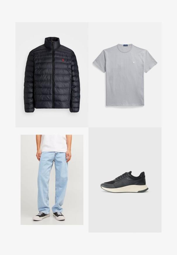 Črna napihnjena jakna z visokim ovratnikom, z quiltano teksturo in sprednjim zadrgo. Opazen rdeč logotip na prsih, dve stranski žepu.; Siva bombažna majica z okroglim izrezom, kratkimi rokavi in majhnim belim logotipom na levi strani prsi. Gladek tekstura in sproščen kroj.; Svijetloplave traperice s opuštenim krojem, koje imaju ravne nogavice i standardnu šav, u kombinaciji s crnim tenisicama.; Črne športne superge z mrežasto zgornjico z perforacijami, teksturiranim srednjim delom v kremni barvi in gumijastim podplatom za oprijem.