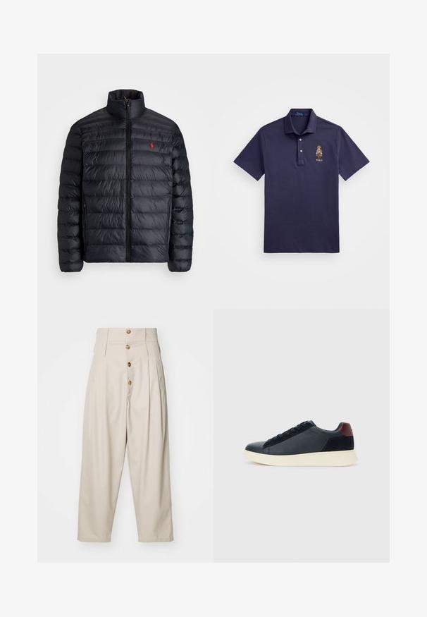 Must läikiv must puffer-jakk kõrge kraega, millel on distsiplineeritud õmmeldud tekstuur ja ettepoole avanev lukustus. Silmapaistev punane logo rinnal ja kaks küljetaskut.; Polo Ralph Lauren CUSTOM SLIM POLO BEAR MESH POLO SHIRT - Polosärk - faded blue bear; Beezid kõrge vöökohaga püksid otse lõikega, millel on neli esimest nööpi, voldid ja küljetaskud. Sile kangast tekstuur.; Madala stiilis meeste toss mustast nahast ja seemisnahast, marooni värvi kanna detailiga ja valge kummist tallaga, vaatega välisküljelt.