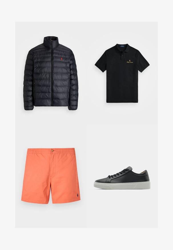 Černá péřová bunda s vysokým límcem, vybavená prošívanou texturou a předním zipem. Výrazné červené logo na hrudi, dvě boční kapsy.; Černé polo triko vyrobené z bavlny, s klasickým límečkem, krátkými rukávy a zlatě vyšívaným logem "Ralph Lauren" na hrudi.; Korálově oranžové plavky, vyrobené z lehkého materiálu, s elastickým pasem se zapínáním na knoflík, bočními kapsami a malým námořnickým logem.; Černé kožené tenisky s hladkým povrchem, kulatou špičkou a černými šňůrkami. Disponují silnou bílou gumovou podrážkou s jemnými geometrickými akcenty.