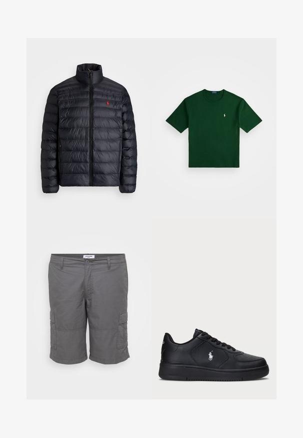 Casaco puffer preto com gola alta, apresentando textura acolchoada e um fecho à frente. Logotipo vermelho notável no peito, dois bolsos laterais.; Polo Ralph Lauren RELAXED FIT LOGO JERSEY T-SHIRT - T-shirt estampada - northwest pine; Calções cargo cinza feitos de tecido leve, com fecho de botão, dois bolsos laterais e bolsos de chapa em cada perna.; Sapatilhas pretas em couro com um design perfurado, fecho de atacadores plano e um logótipo bordado branco de lado. Sola grossa em borracha preta.
