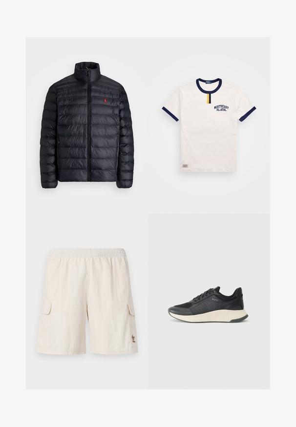 Casaco puffer preto com gola alta, apresentando textura acolchoada e um fecho à frente. Logotipo vermelho notável no peito, dois bolsos laterais.; Camiseta branca de algodão com decote redondo em azul marinho e acentos nas mangas. Apresenta um pequeno detalhe de botão amarelo e bordado "NORTHEAST RL ATHL."; Calções cargo bege com cintura elástica, dois bolsos laterais e um pequeno logótipo no canto inferior direito. Tecido suave e leve.; Sapatilha atlética preta com parte superior em malha com perfurações, uma entressola texturizada em creme e uma sola de borracha para tração.