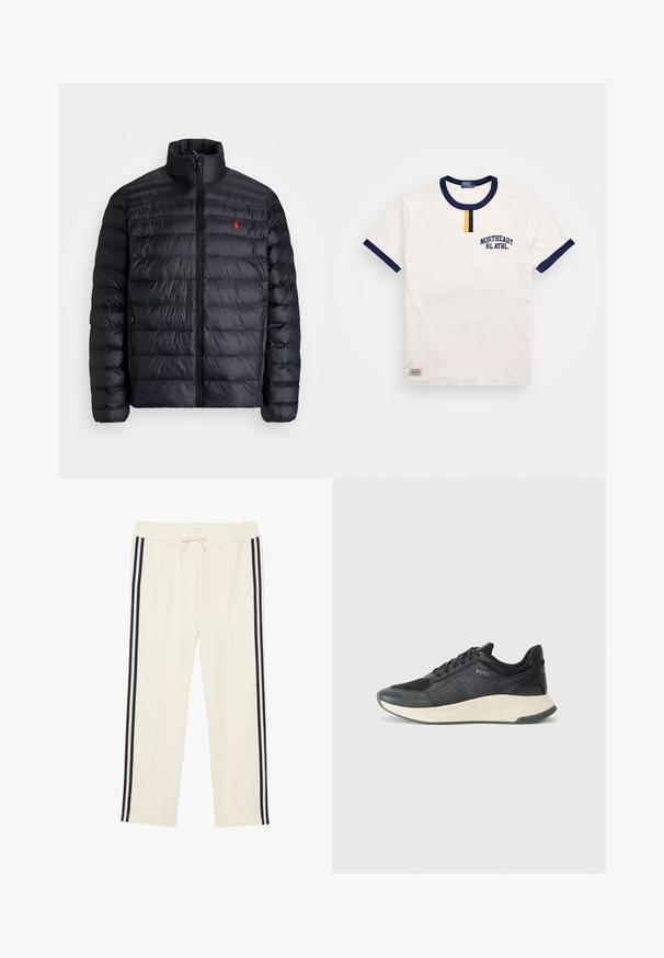 Svart pufferjacka med hög krage, med kviltad struktur och dragkedja fram. Anmärkningsvärd röd logotyp på bröstet, två sidofickor.; Vit bomullströja med marinblå rund halsringning och ärmdekorationer. Har en liten gul knappdetalj och broderad "NORTHEAST RL ATHL."; Krämfärgade joggerbyxor med elastisk midja och justerbar dragsko. Har två svarta sidostrimmor som löper längs varje ben. Mjuk tygkänsla.; Svart atletisk sneakers med ovandel i mesh och perforeringar, en texturerad mellansula i krämfärg och en gummisula för bra grepp.