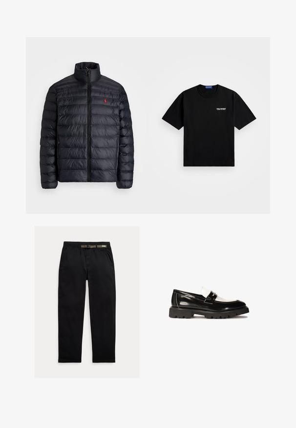 Must läikiv must puffer-jakk kõrge kraega, millel on distsiplineeritud õmmeldud tekstuur ja ettepoole avanev lukustus. Silmapaistev punane logo rinnal ja kaks küljetaskut.; Must must t-särk ümmarguse kaeluse ja lühikeste varrukatega. Esiküljel vasakus rinnas on valge "POLO SPORT" logo. Standardsuurus.; Kergedest kootud mustad püksid, millel on elastne vöökoht, integreeritud roheline vöö, sirge jalgade lõige ja küljetaskud.; Mustad nahklaagid mustast patendinahast valge nahkaktsentiga, paks mustast kummist tallaga ja õmblusteadlusega. Sile tekstuur sädelevate detailidega.